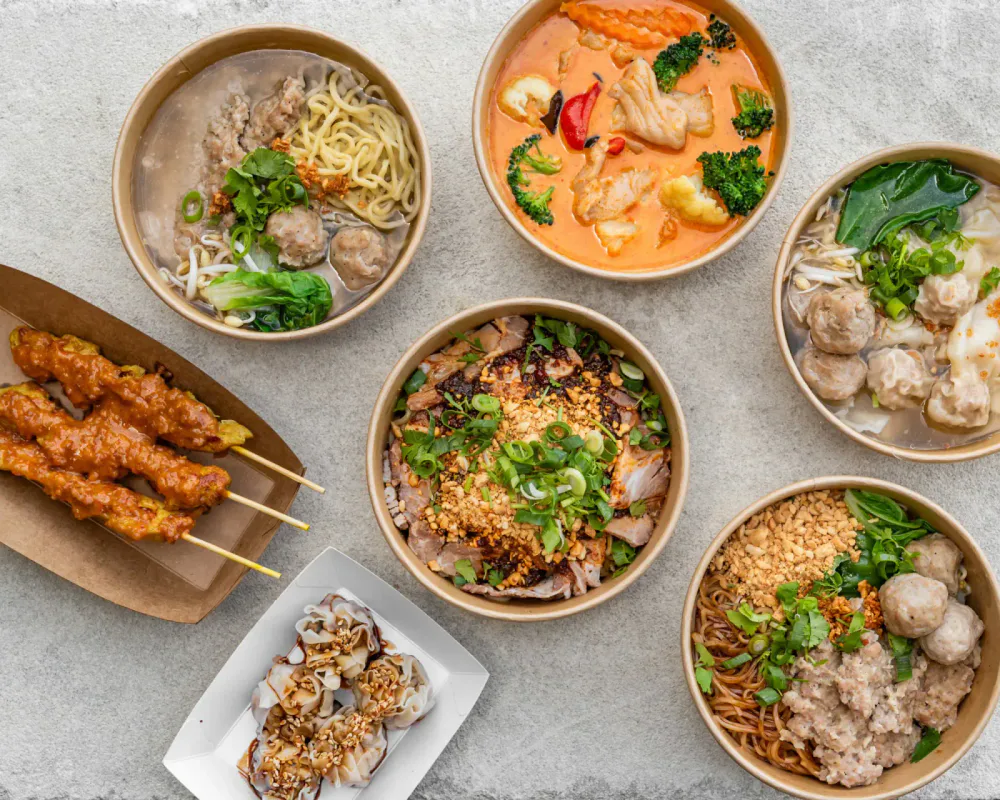 Assorted Asian dishes including noodle soups, dumplings, skewered satay, and a salad with grilled meat topped with green onions, chopped peanuts, and cilantro, all served in small bowls and plates on a light surface.
