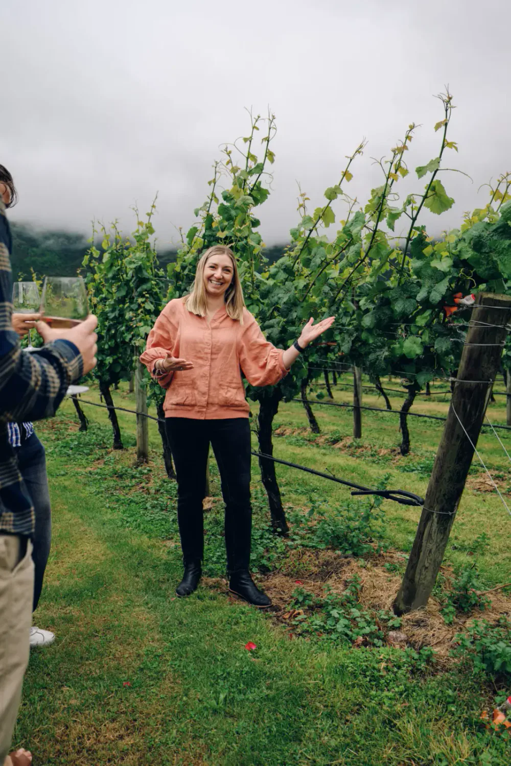 A woman giving a presentation or explaining something in a vineyard, with two people holding glasses of wine in the foreground, against a cloudy sky and lush green grapevines.